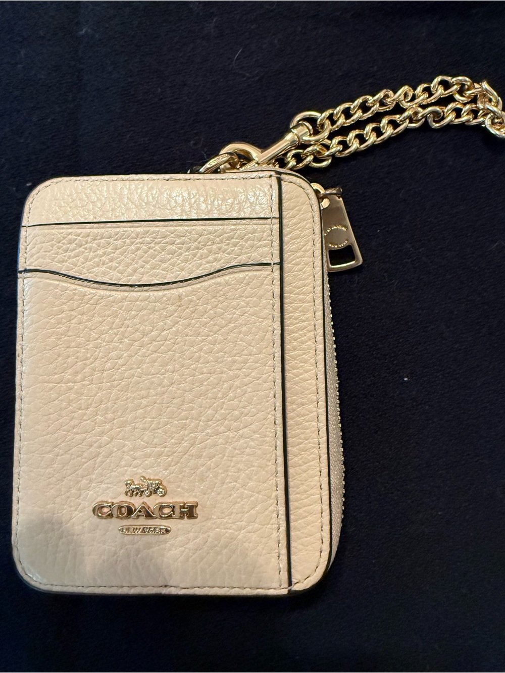 Coach Cream Pebbled Leather Card Case with Gold Chain